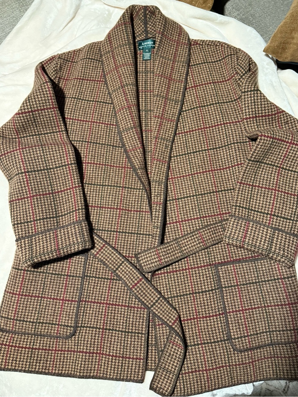 Lauren Ralph Lauren Brown Houndstooth Plaid Shawl-Collar Blazer